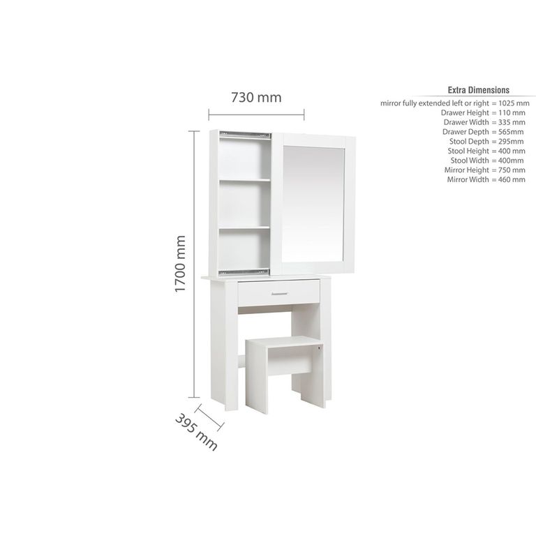 Evelyn Sliding Mirror Dressing Table - 1 Drawer - White