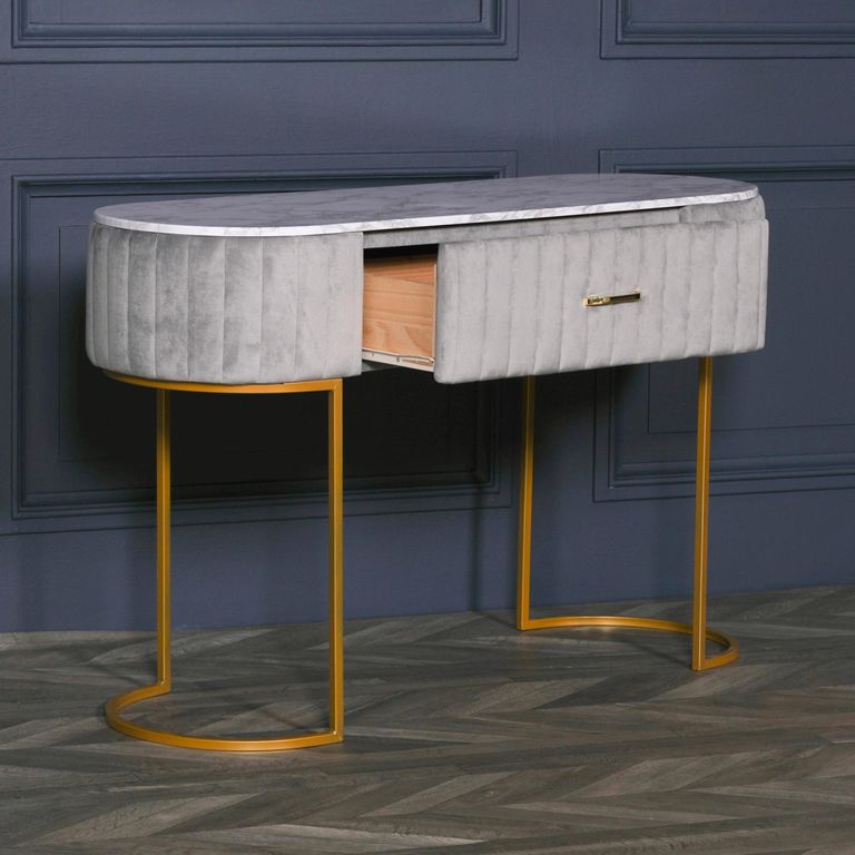 Upholstered Dressing Table - Grey Velvet - Curved - 1 Drawer