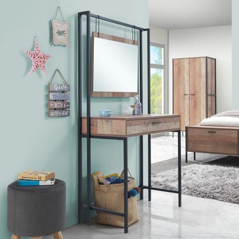 Industrial Rustic Oak Effect Dressing Table with Mirror