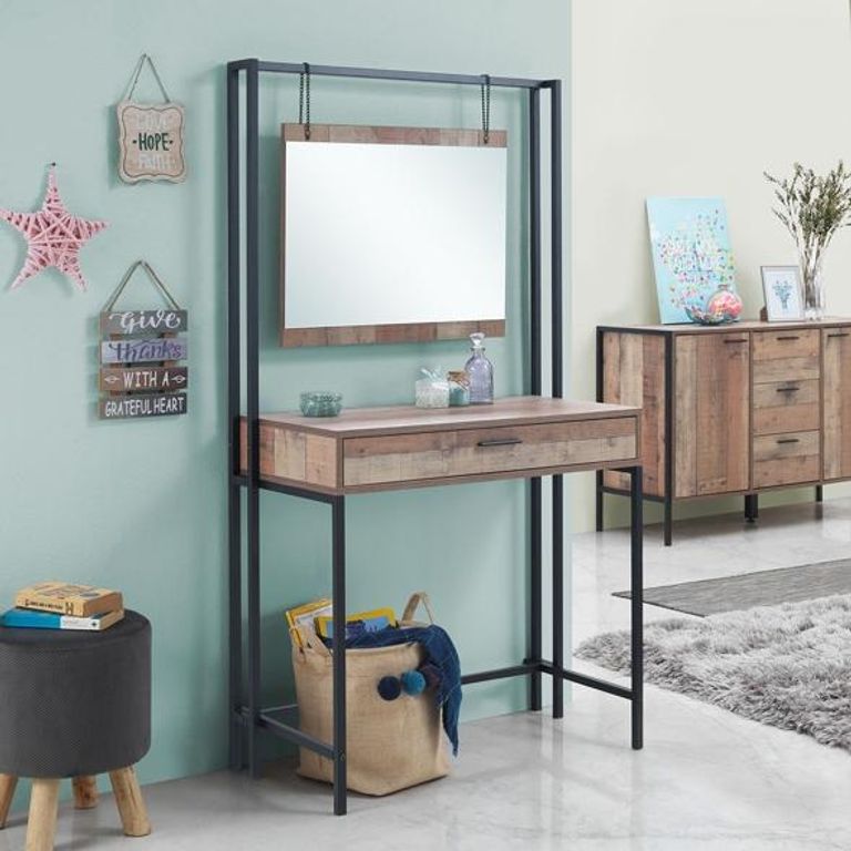 Industrial Rustic Oak Effect Dressing Table with Mirror