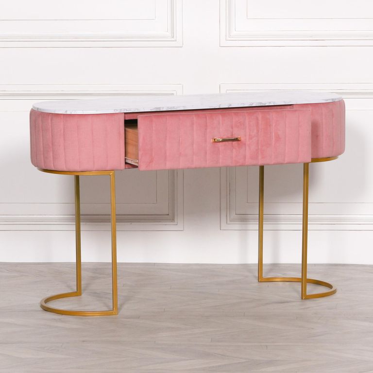 Upholstered Dressing Table - Pink Velvet - Curved - 1 Drawer