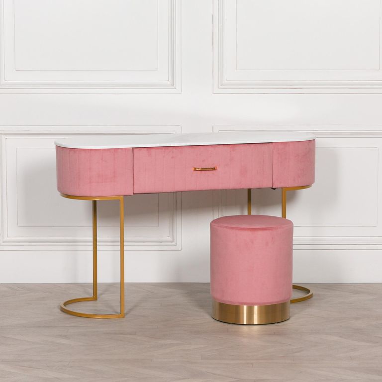 Upholstered Dressing Table - Pink Velvet - Curved - 1 Drawer