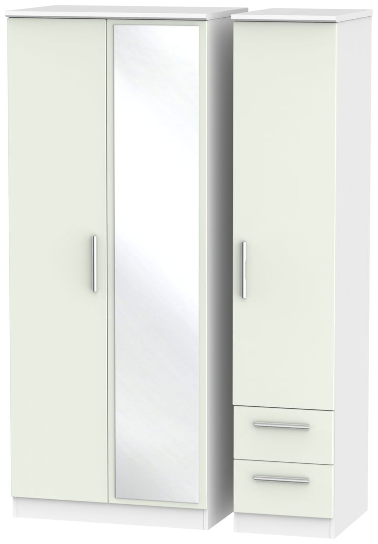 Knightsbridge Cashmere Matt and White 3 Door Combi Wardrobe - 1 Mirror and RHF 2 Drawers