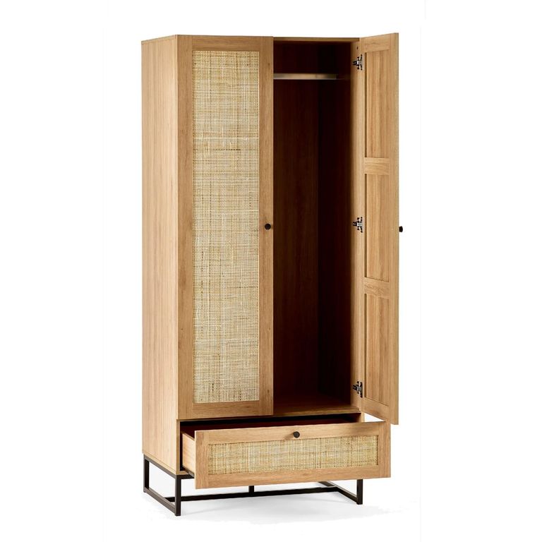 Padstow Double Wardrobe - 2 Door - 1 Drawer - Oak and Rattan