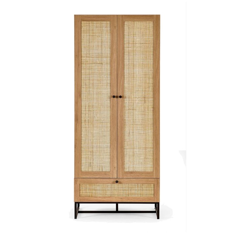 Padstow Double Wardrobe - 2 Door - 1 Drawer - Oak and Rattan