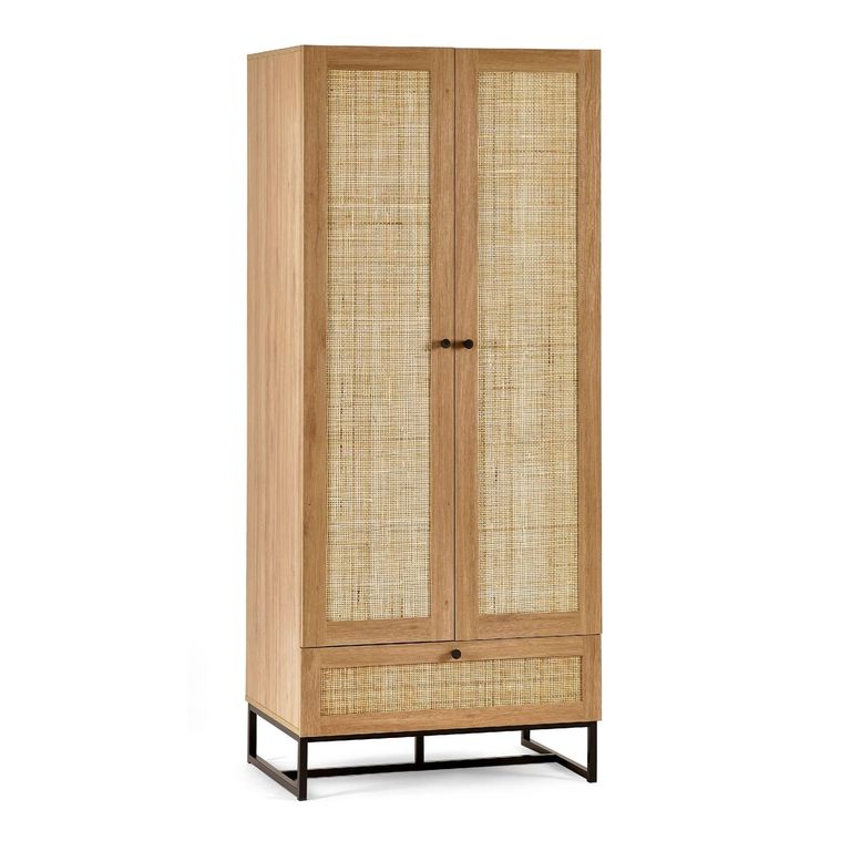 Padstow Double Wardrobe - 2 Door - 1 Drawer - Oak and Rattan