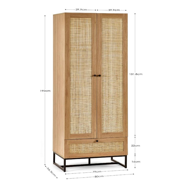 Padstow Double Wardrobe - 2 Door - 1 Drawer - Oak and Rattan