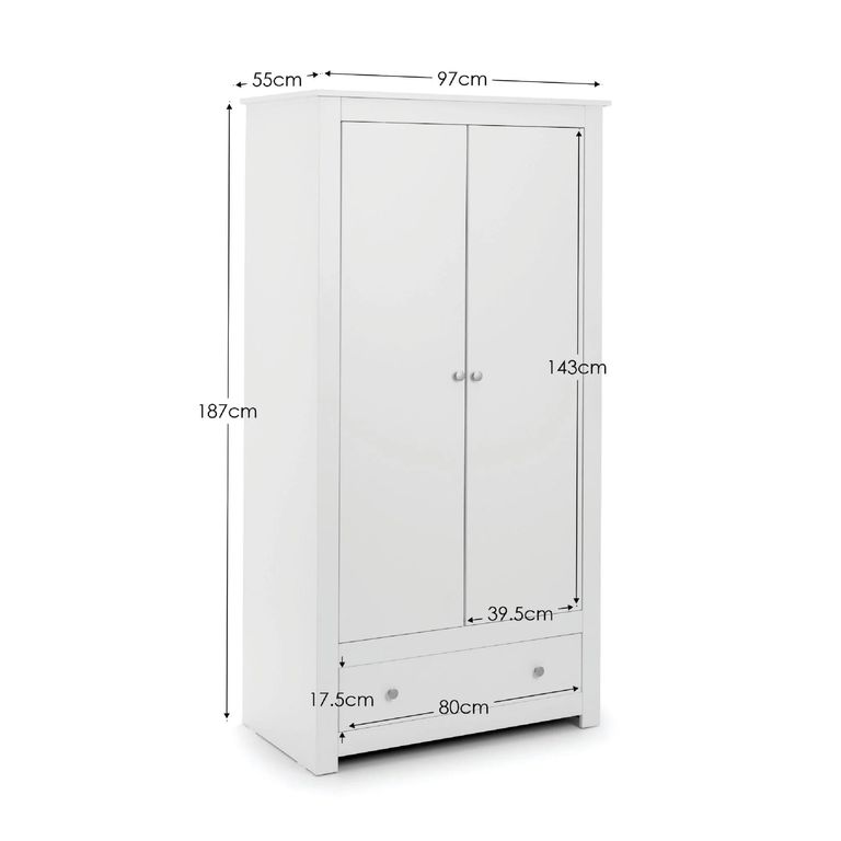 Radley Double Wardrobe - 2 Door - 1 Drawer - White