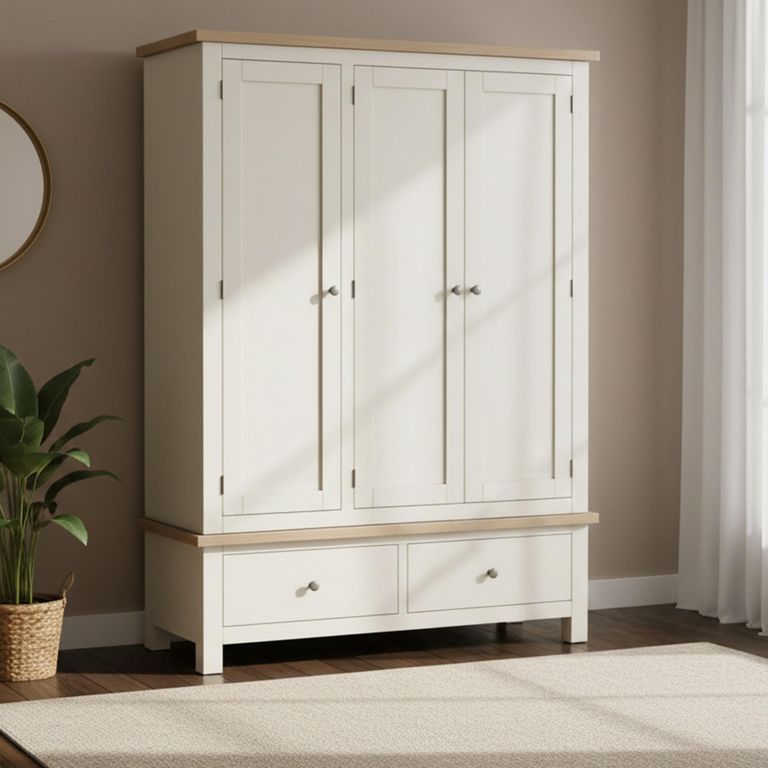 Modern Wardrobe - 3 Door - 2 Drawer - White Painted