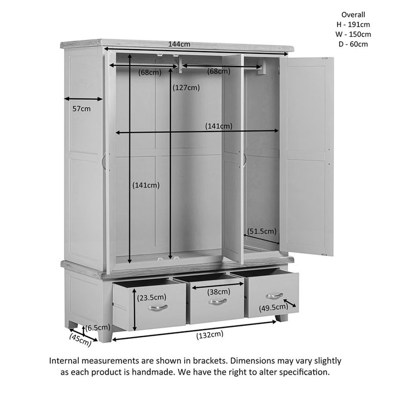 Wilmont Wardrobe - 3 Door - 3 Drawer - Grey Painted