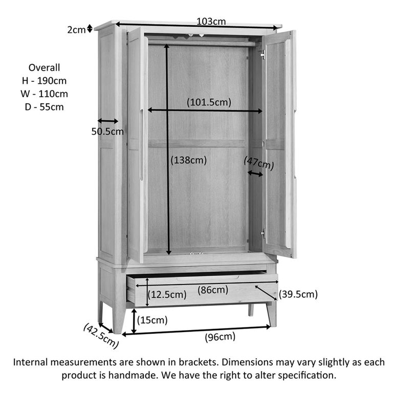 Twyford Wardrobe - 2 Door - 1 Drawer - Oak