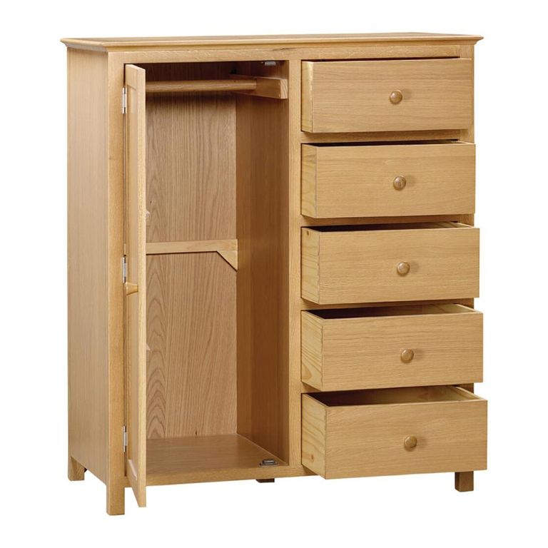 Arlington Short Wardrobe - 1 Door 5 Drawer - Oak