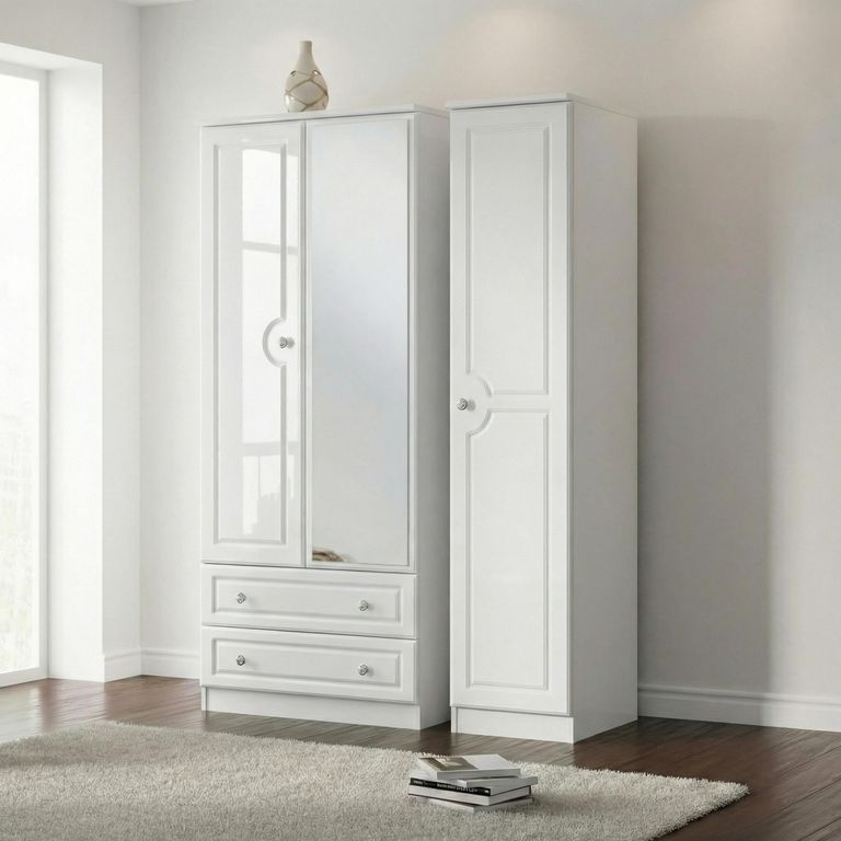 Pembroke White Gloss 3 Door Combi Wardrobe - 1 Mirror and LHF 2 Drawers