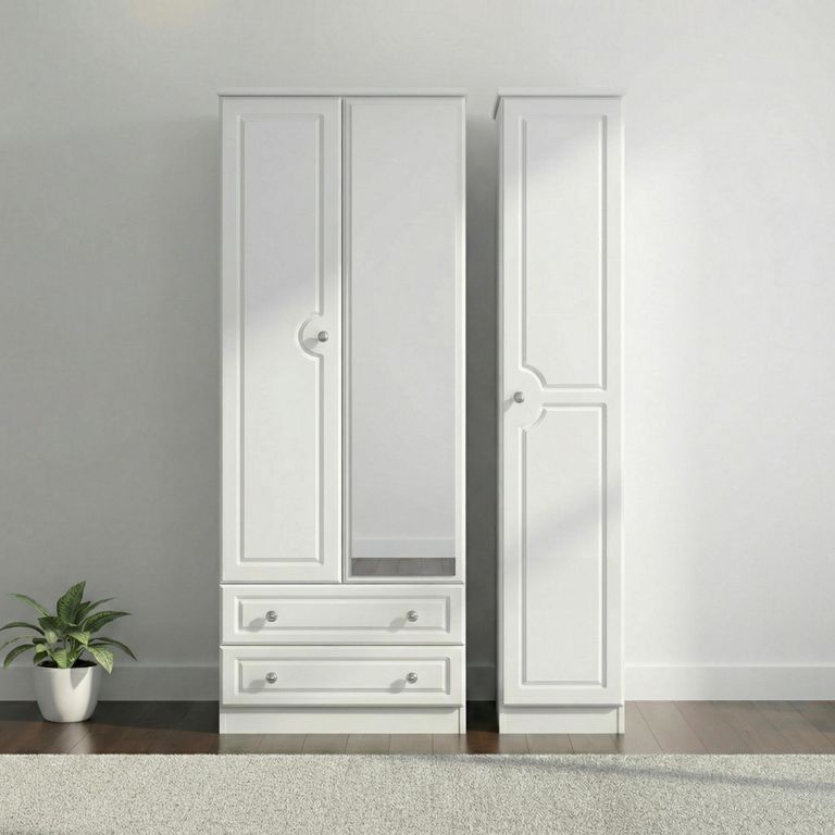 Pembroke White Gloss 3 Door Tall Combi Wardrobe - 1 Mirror and LHF 2 Drawers
