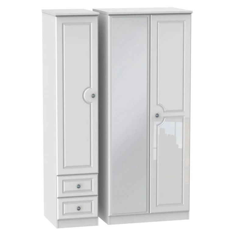 Pembroke White Gloss 3 Door Combi Wardrobe - 1 Mirror and RHF 2 Drawers