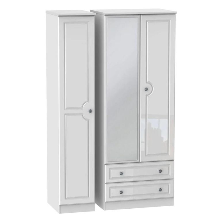 Pembroke White Gloss 3 Door Tall Combi Wardrobe - 1 Mirror and LHF 2 Drawers
