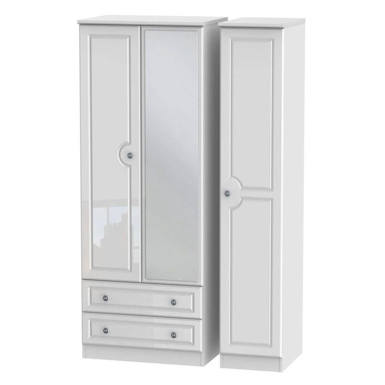 Pembroke White Gloss 3 Door Tall Combi Wardrobe - 1 Mirror and LHF 2 Drawers