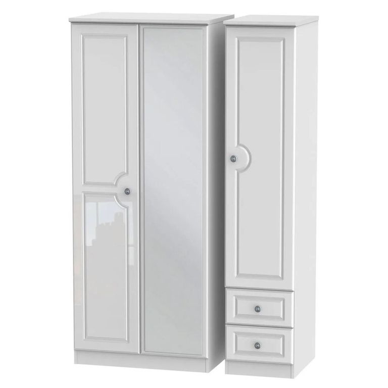 Pembroke White Gloss 3 Door Tall Combi Wardrobe - 1 Mirror and RHF 2 Drawers
