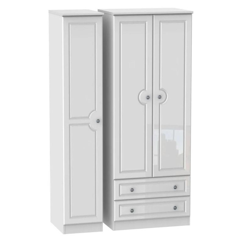 Pembroke White Gloss 3 Door Tall Triple Wardrobe - LHF 2 Drawers