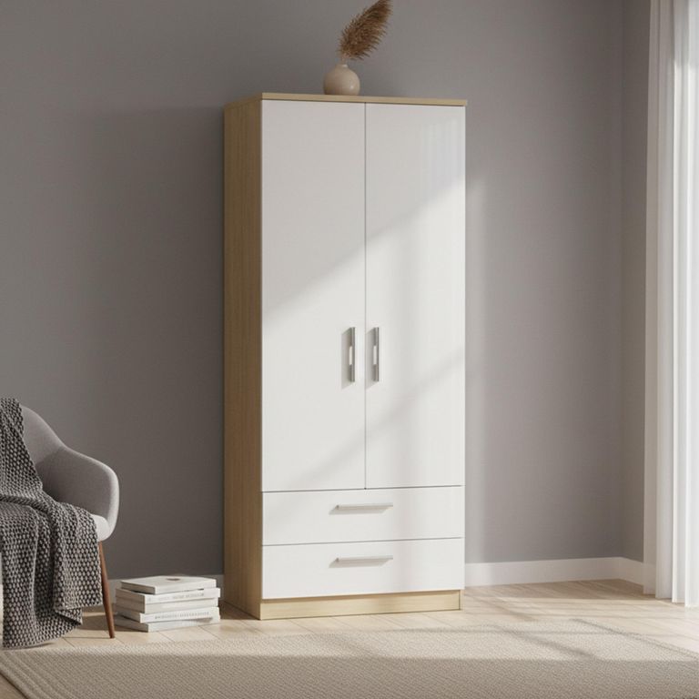 Knightsbridge White Gloss and Light Oak 2 Door 2 Drawer Double Wardrobe