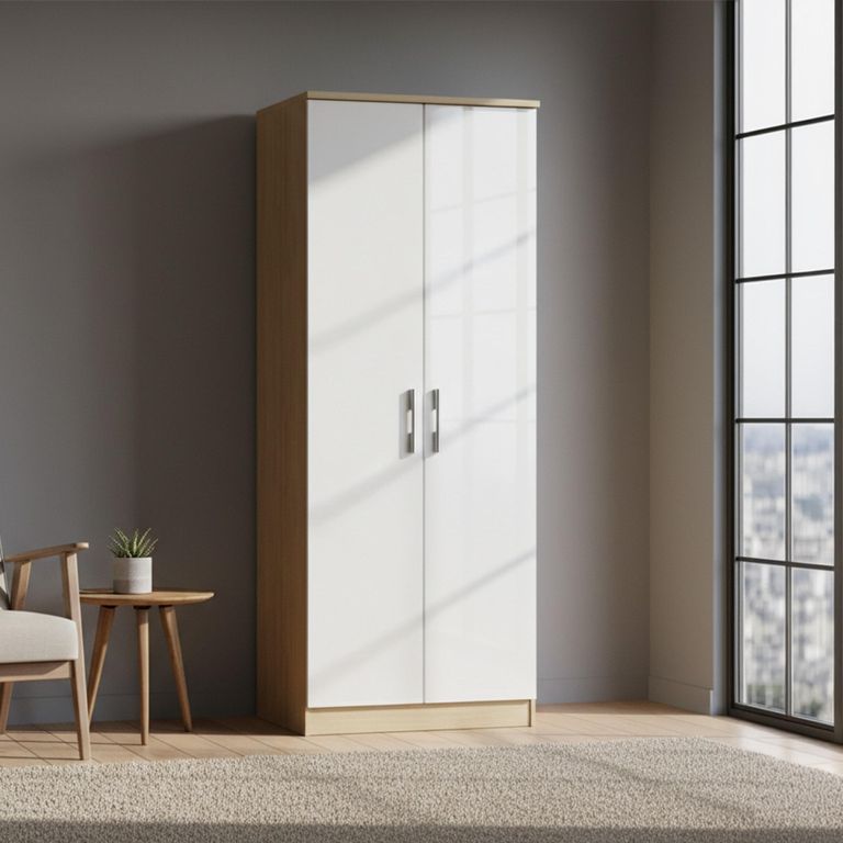 Knightsbridge White Gloss and Light Oak 2 Door Plain Tall Wardrobe