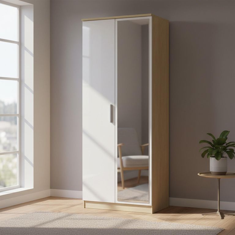 Knightsbridge White Gloss and Light Oak 2 Door Tall Wardrobe - 1 Mirror