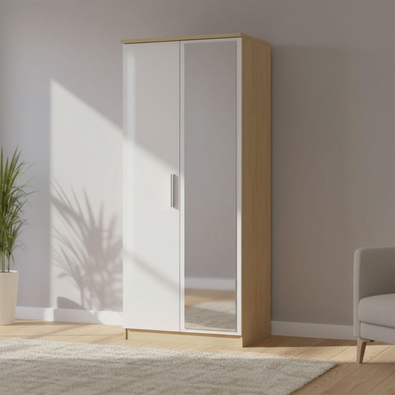 Knightsbridge White Gloss and Light Oak 2 Door Wardrobe - 1 Mirror