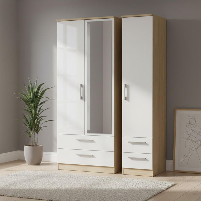Knightsbridge White Gloss and Light Oak 3 Door Combi Wardrobe - 1 Mirror