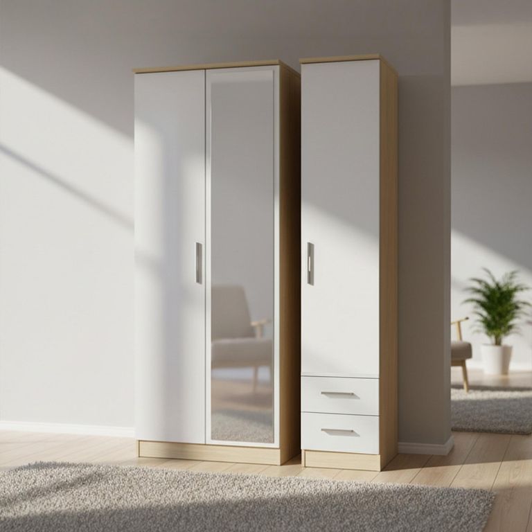 Knightsbridge White Gloss and Light Oak 3 Door Tall Combi Wardrobe - 1 Mirror and RHF 2 Drawers