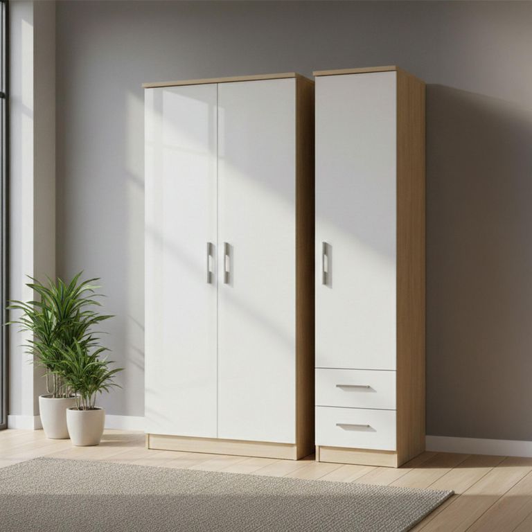 Knightsbridge White Gloss and Light Oak 3 Door Tall Triple Wardrobe - RHF 2 Drawers