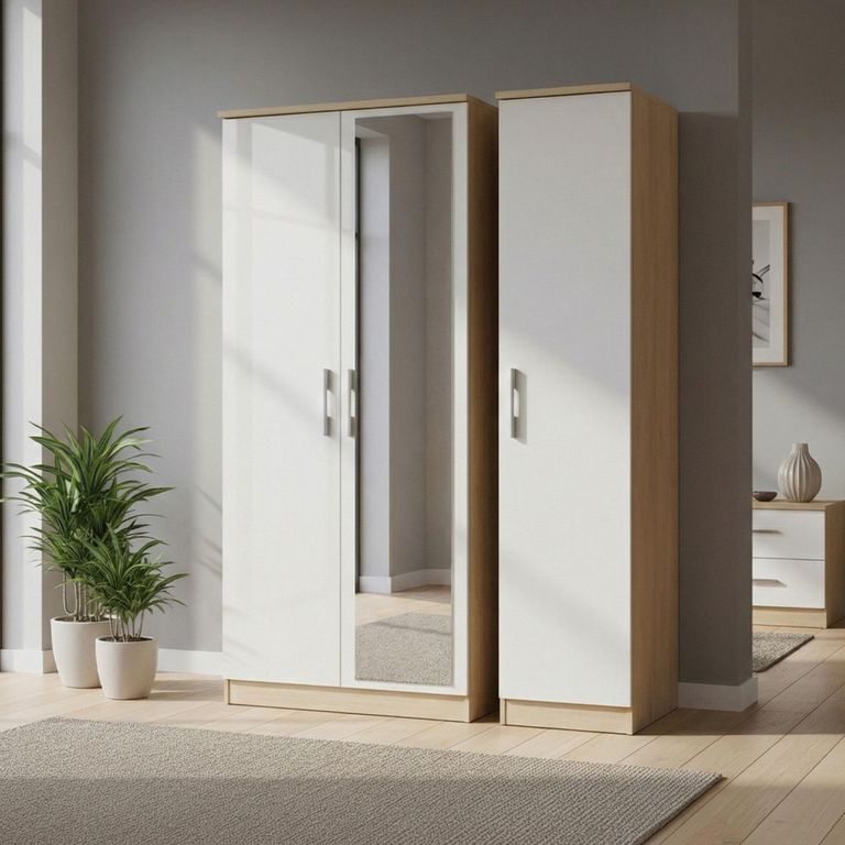 Knightsbridge White Gloss and Light Oak 3 Door Triple Wardrobe - 1 Mirror
