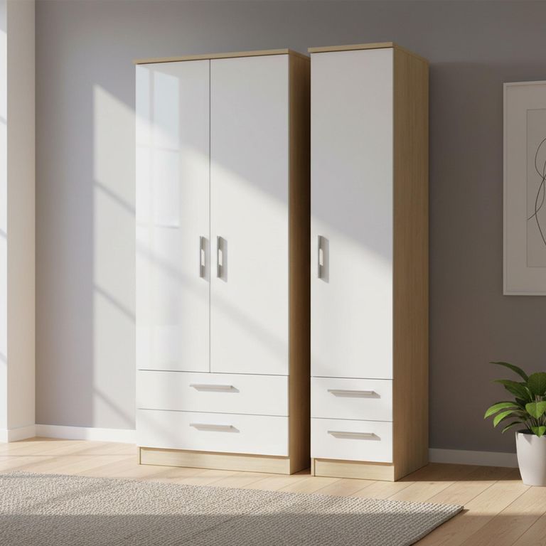 Knightsbridge White Gloss and Light Oak 3 Door Triple Wardrobe - 4 Drawers