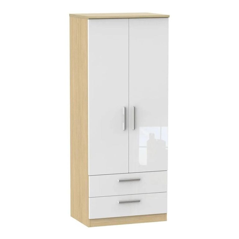 Knightsbridge White Gloss and Light Oak 2 Door 2 Drawer Double Wardrobe