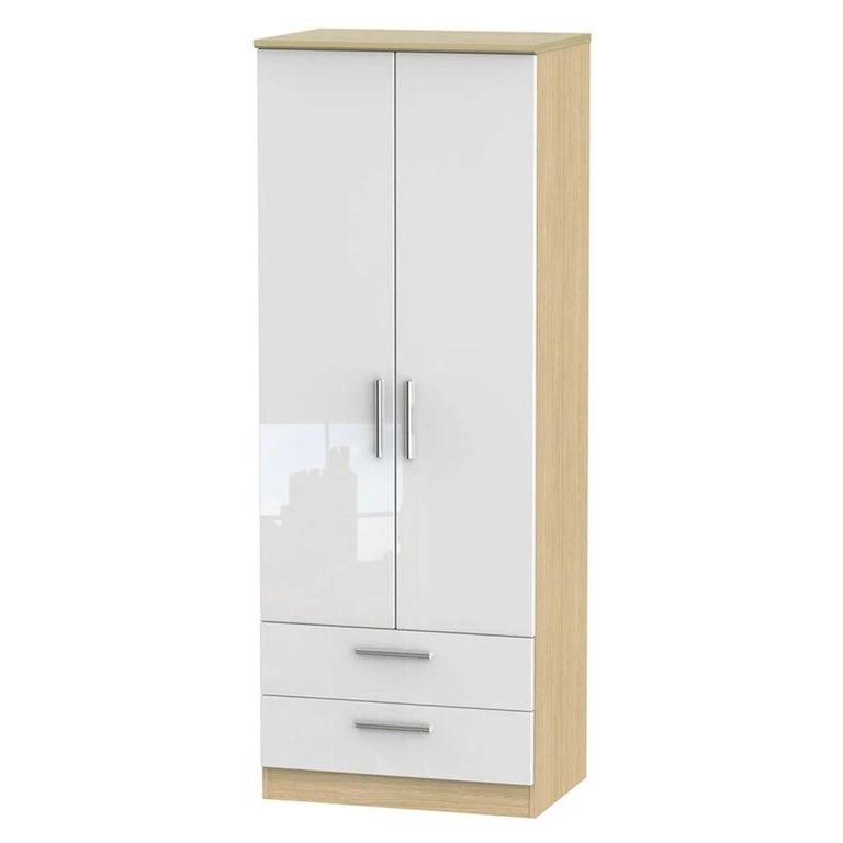 Knightsbridge White Gloss and Light Oak 2 Door 2 Drawer Tall Wardrobe