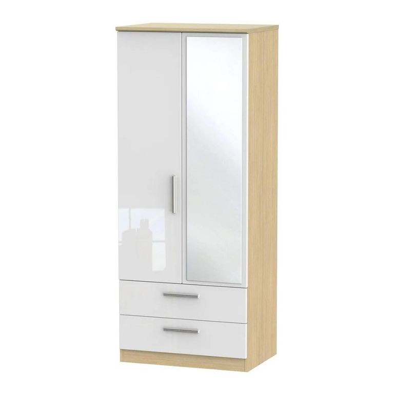 Knightsbridge White Gloss and Light Oak 2 Door Combi Wardrobe - 1 Mirror
