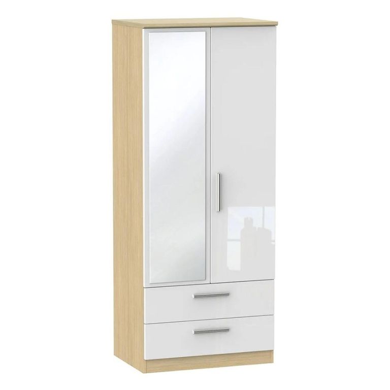 Knightsbridge White Gloss and Light Oak 2 Door Tall Combi Wardrobe - 1 Mirror