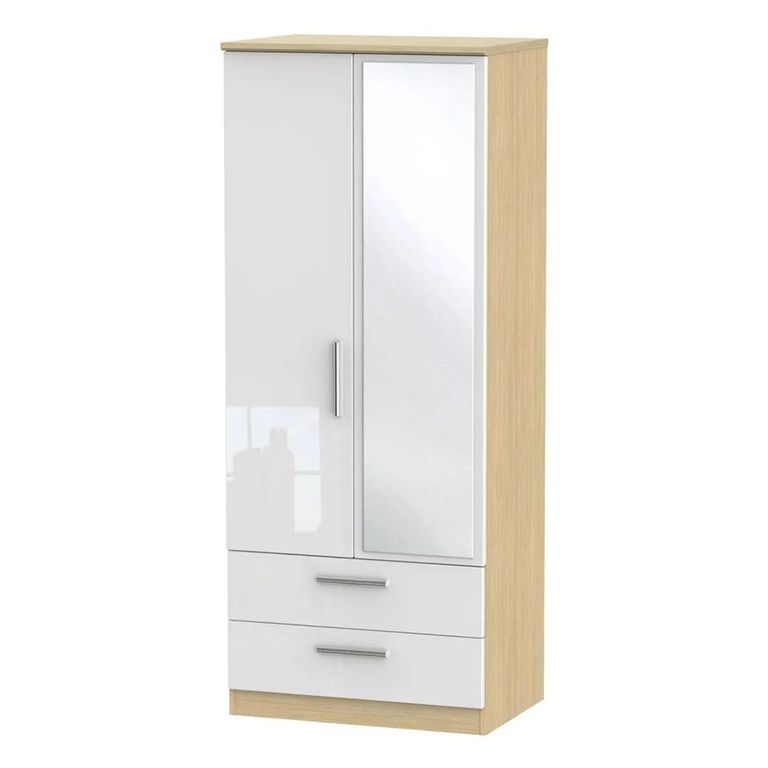 Knightsbridge White Gloss and Light Oak 2 Door Tall Combi Wardrobe - 1 Mirror