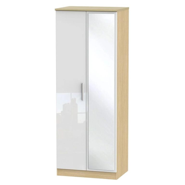 Knightsbridge White Gloss and Light Oak 2 Door Tall Wardrobe - 1 Mirror