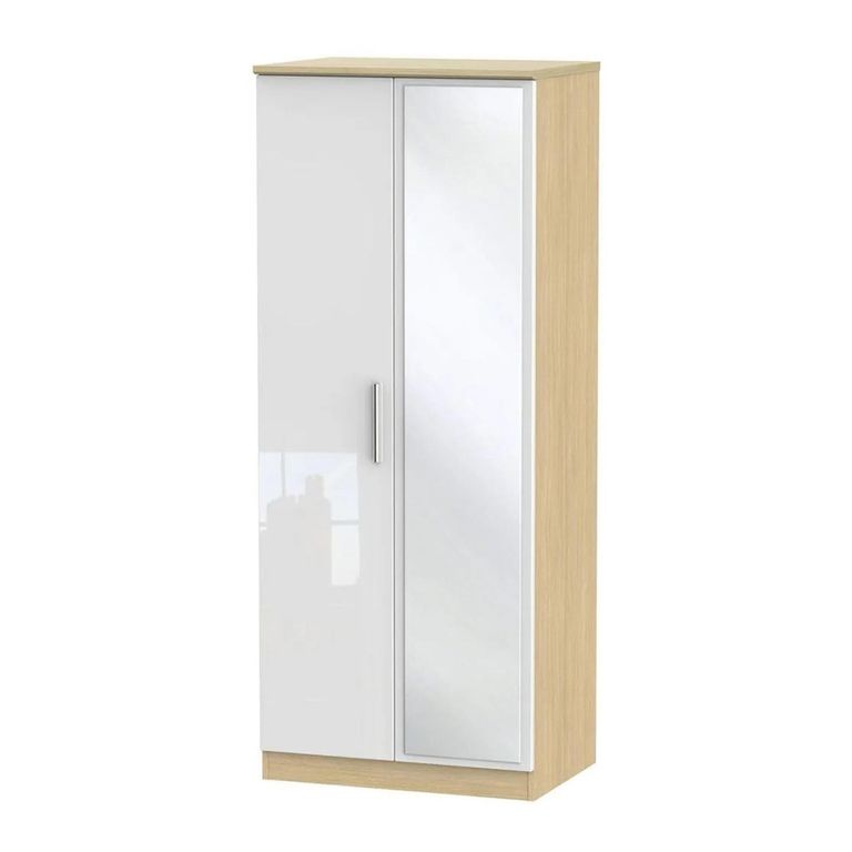 Knightsbridge White Gloss and Light Oak 2 Door Wardrobe - 1 Mirror