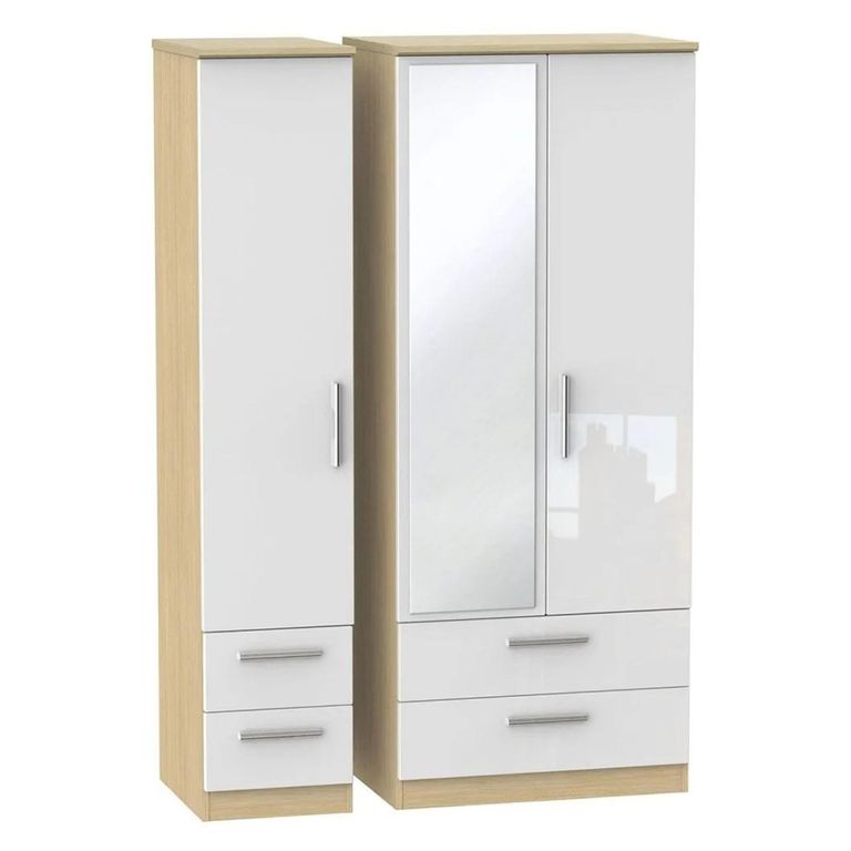 Knightsbridge White Gloss and Light Oak 3 Door Combi Wardrobe - 1 Mirror