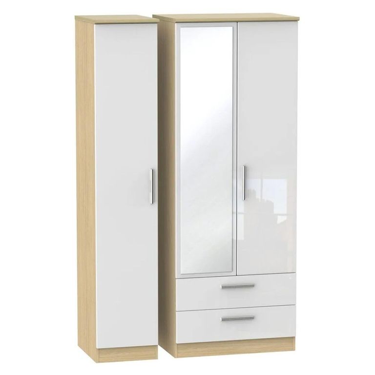 Knightsbridge White Gloss and Light Oak 3 Door Combi Wardrobe - 1 Mirror and LHF 2 Drawers