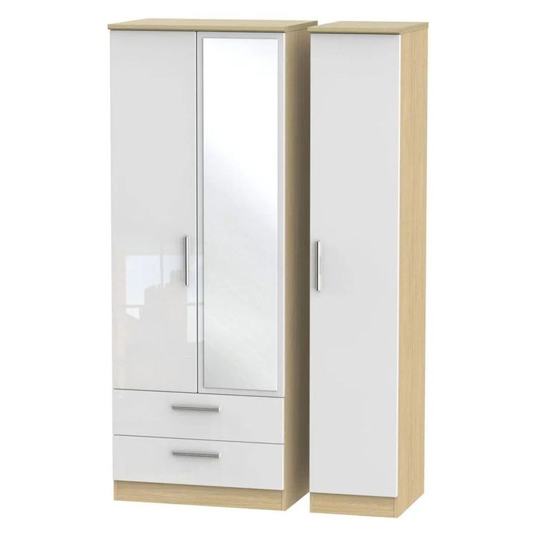 Knightsbridge White Gloss and Light Oak 3 Door Combi Wardrobe - 1 Mirror and LHF 2 Drawers