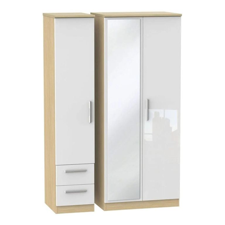 Knightsbridge White Gloss and Light Oak 3 Door Combi Wardrobe - 1 Mirror and RHF 2 Drawers