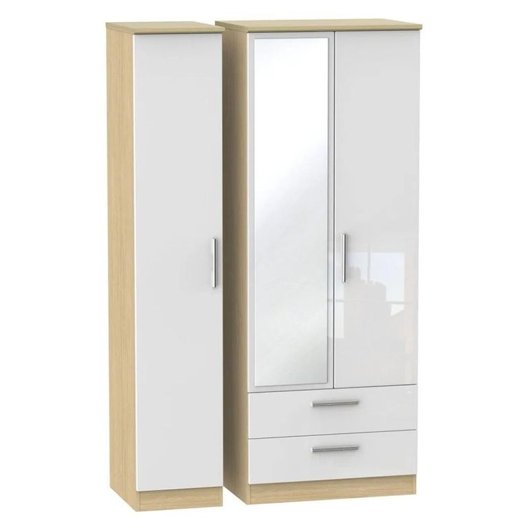 Knightsbridge White Gloss and Light Oak 3 Door Tall Combi Wardrobe - 1 Mirror and LHF 2 Drawers