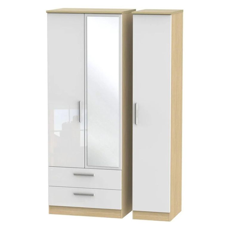 Knightsbridge White Gloss and Light Oak 3 Door Tall Combi Wardrobe - 1 Mirror and LHF 2 Drawers