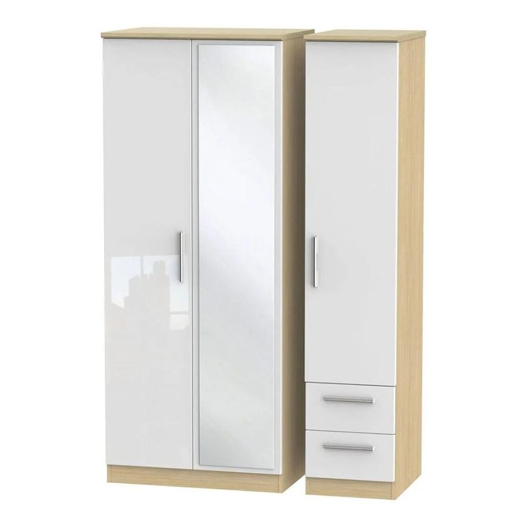 Knightsbridge White Gloss and Light Oak 3 Door Tall Combi Wardrobe - 1 Mirror and RHF 2 Drawers