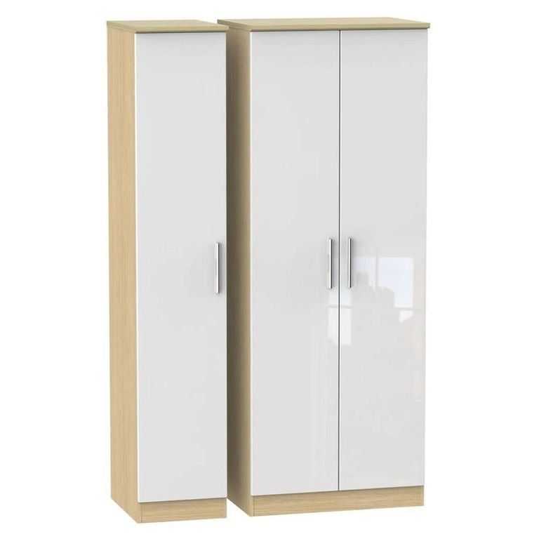 Knightsbridge White Gloss and Light Oak 3 Door Tall Triple Wardrobe