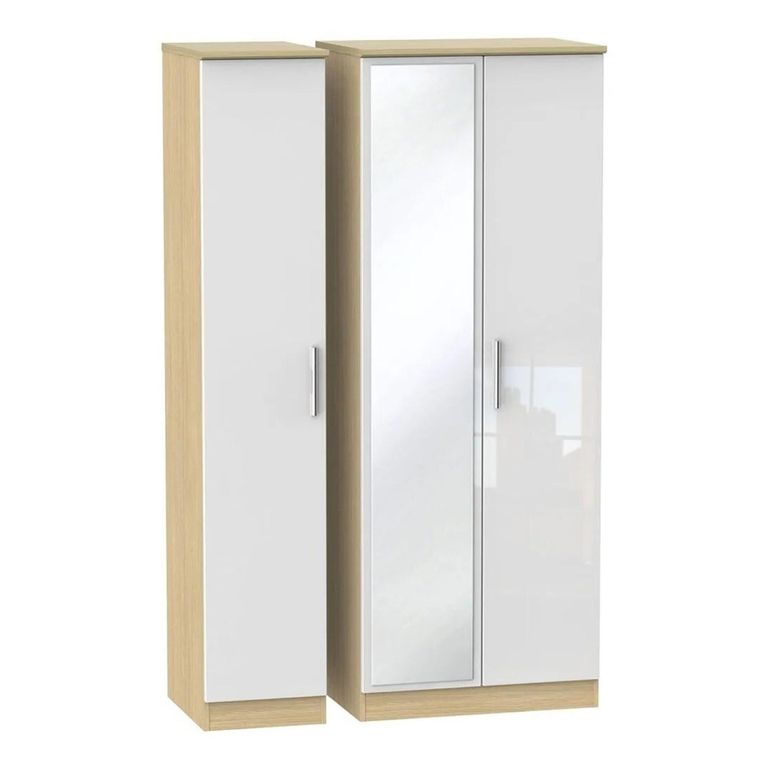 Knightsbridge White Gloss and Light Oak 3 Door Tall Triple Wardrobe - 1 Mirror