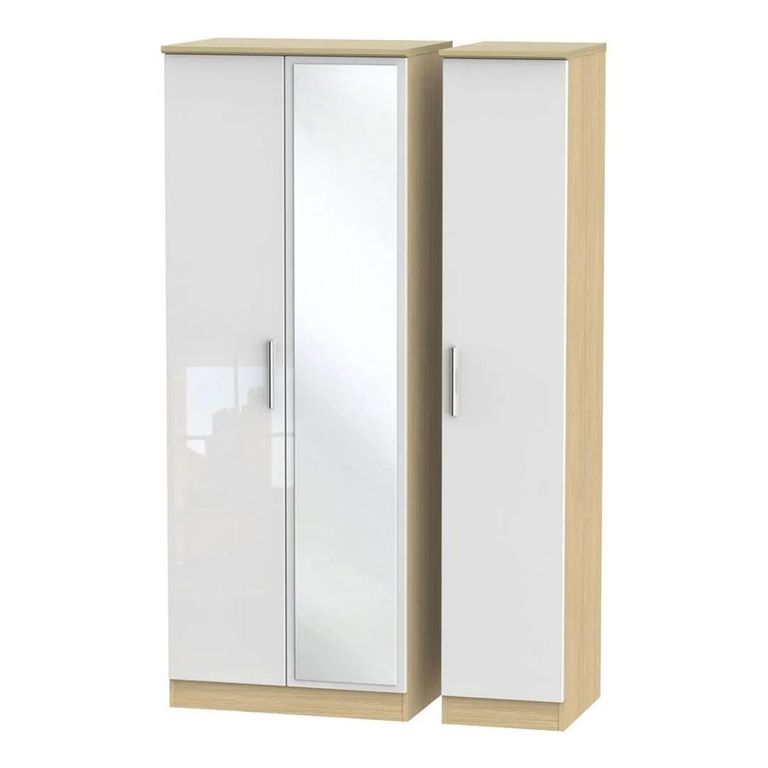 Knightsbridge White Gloss and Light Oak 3 Door Tall Triple Wardrobe - 1 Mirror