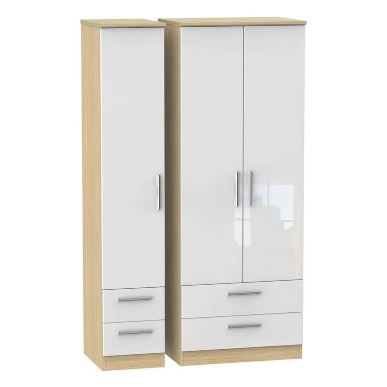 Knightsbridge White Gloss and Light Oak 3 Door Tall Triple Wardrobe - 4 Drawers